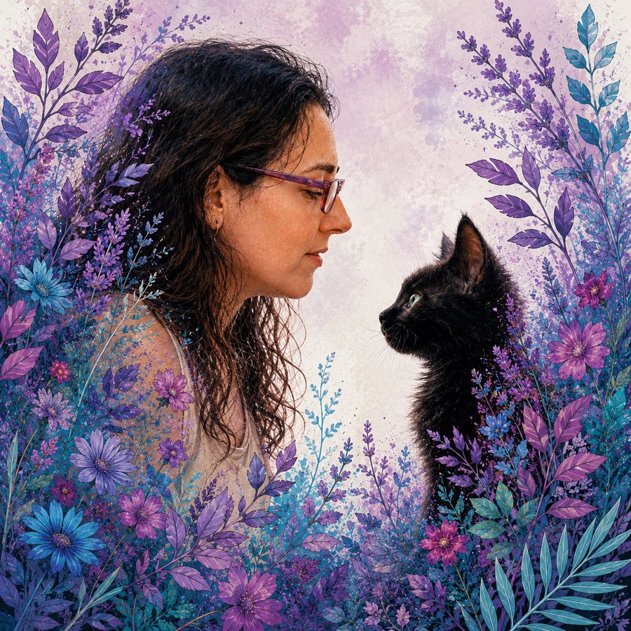 Ilustración de Patiss entre flores, con Ichi